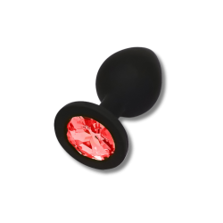 Anal Collection Silicone Medium Butt Plug with Round Jewel - Black/Red