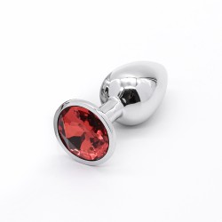 Anal Collection Medium Metal Butt Plug with Round Jewel - Silver/Red