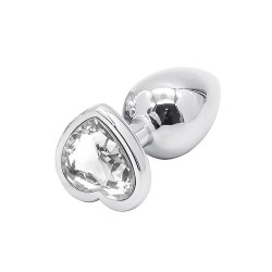 Anal Collection Large Metal Butt Plug with Heart Jewel - Silver/Transparent