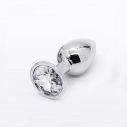 Anal Collection Medium Metal Butt Plug with Round Jewel - Silver/Transparent